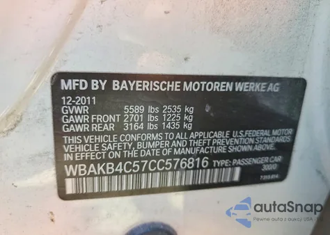 2012 BMW 740 Li z USA, uszkodzony, nr VIN WBAKB4C57CC576816